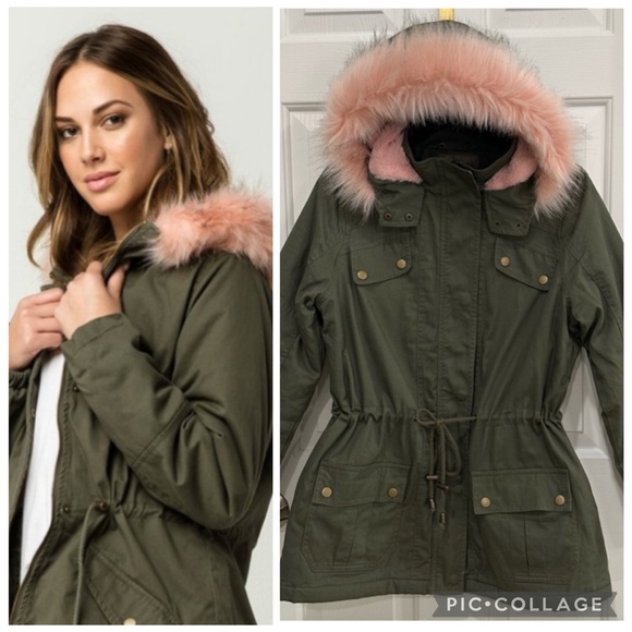 Like New Jou Jou Army Green Parka Jacket with Faux Pink Fur Hood Size Large - Picture 1 of 16